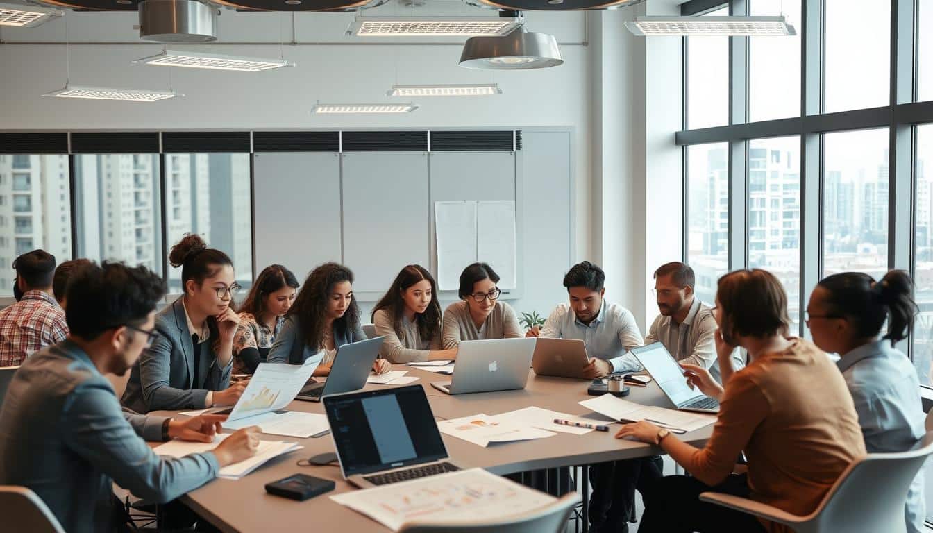 Weiterbildungsgruppe mit Laptops im Seminarraum (Symbolbild, mit KI erstellt)