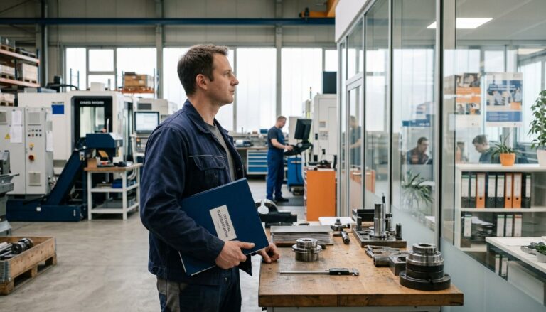 Techniker in Arbeitsjacke steht mit Ordner an einer Werkbank in einer hellen Maschinenhalle